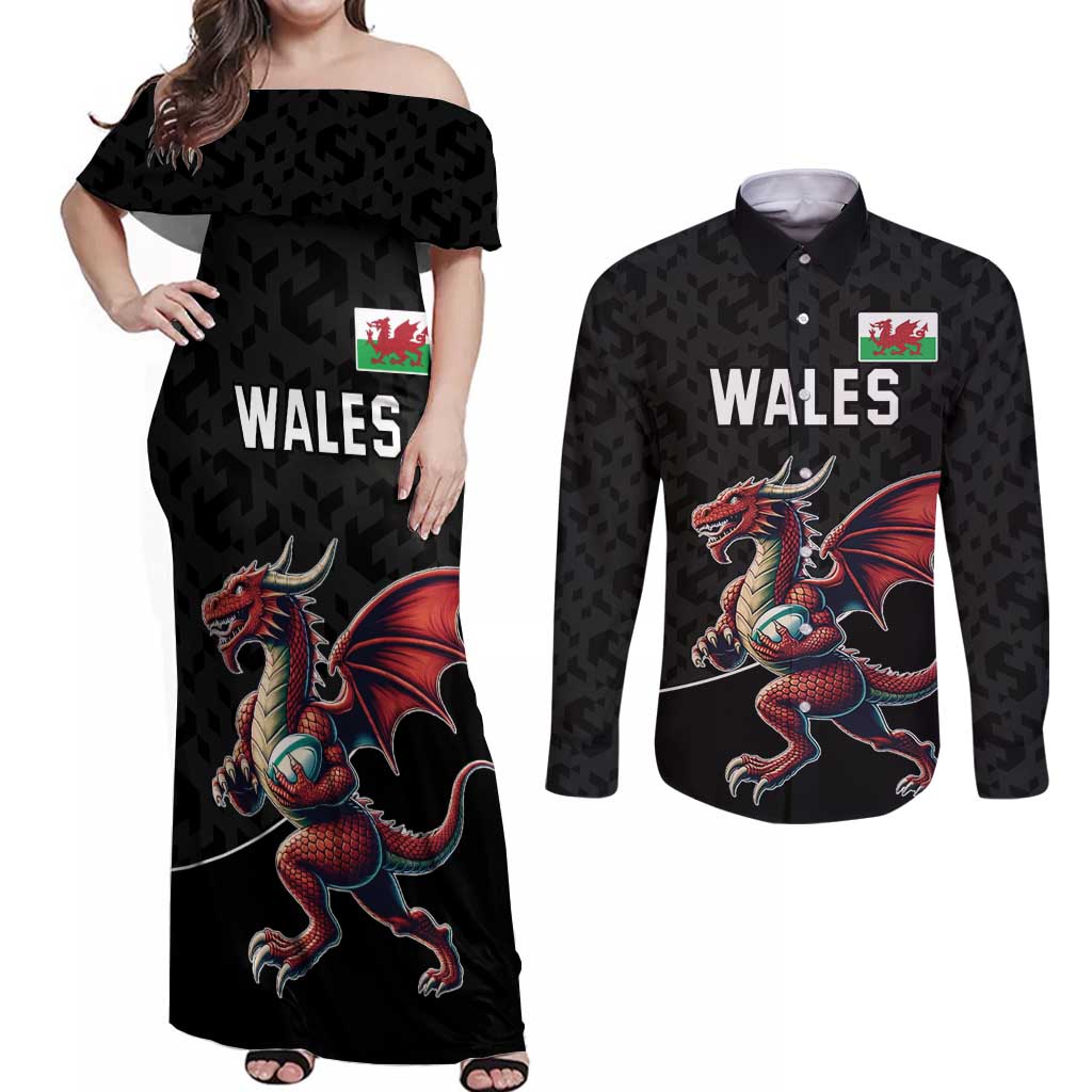 Custom Wales Rugby Couples Matching Off Shoulder Maxi Dress and Long Sleeve Button Shirt Welsh Dragon Mascot Black Version