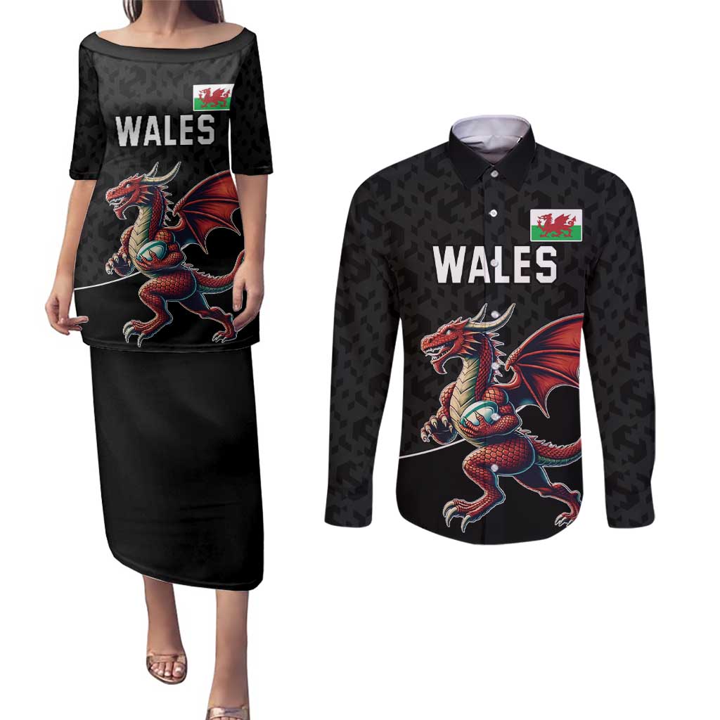 Custom Wales Rugby Couples Matching Puletasi and Long Sleeve Button Shirt Welsh Dragon Mascot Black Version