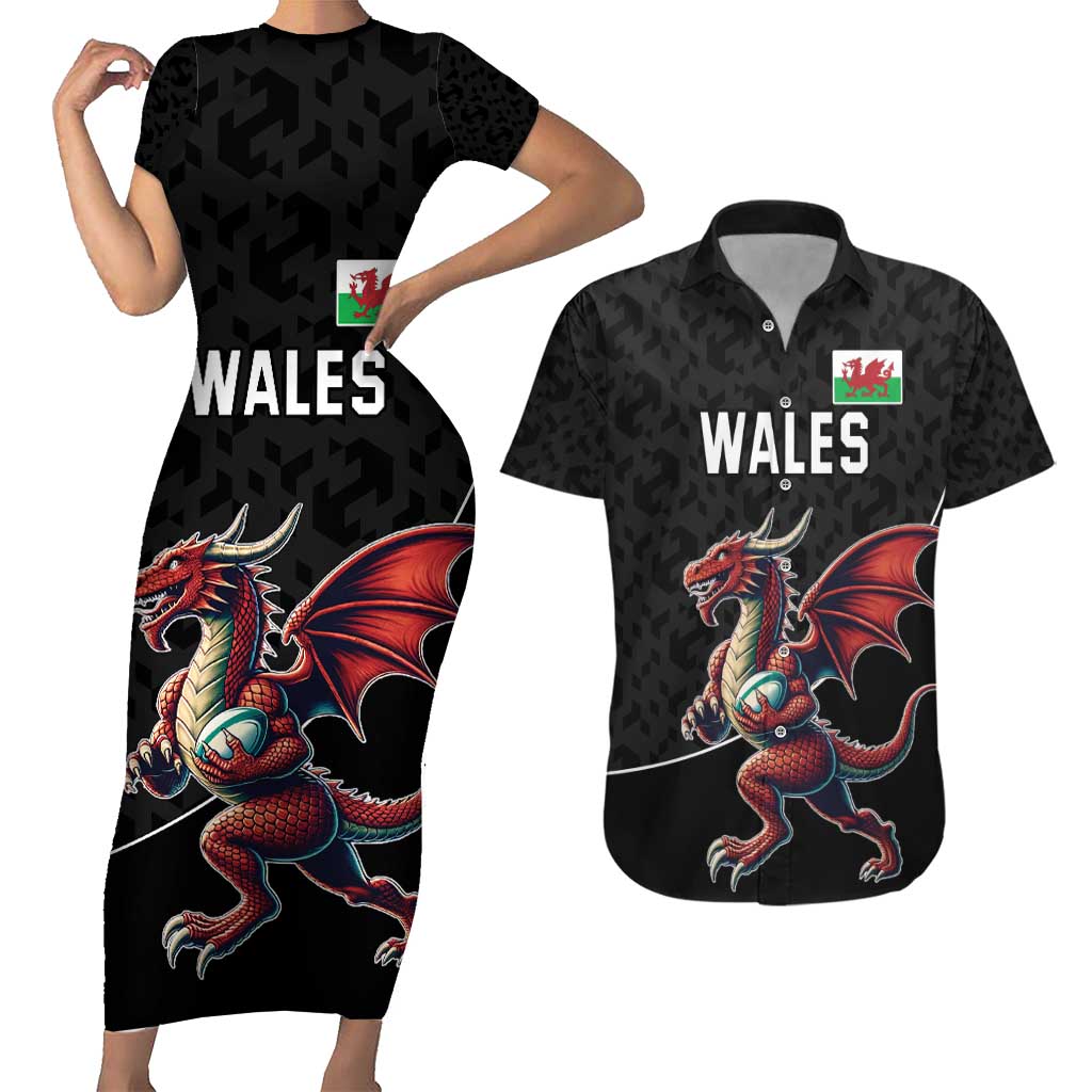 Custom Wales Rugby Couples Matching Short Sleeve Bodycon Dress and Hawaiian Shirt Welsh Dragon Mascot Black Version