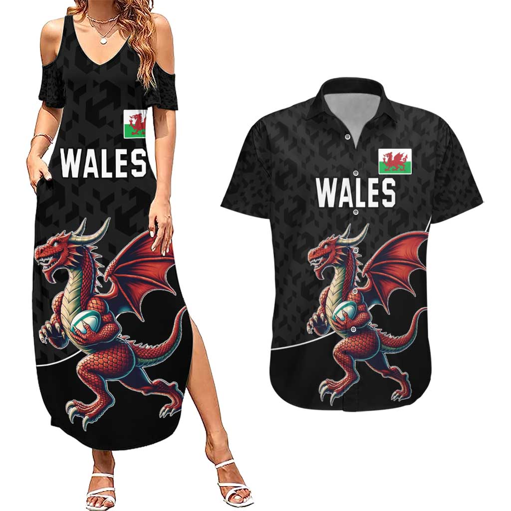 Custom Wales Rugby Couples Matching Summer Maxi Dress and Hawaiian Shirt Welsh Dragon Mascot Black Version