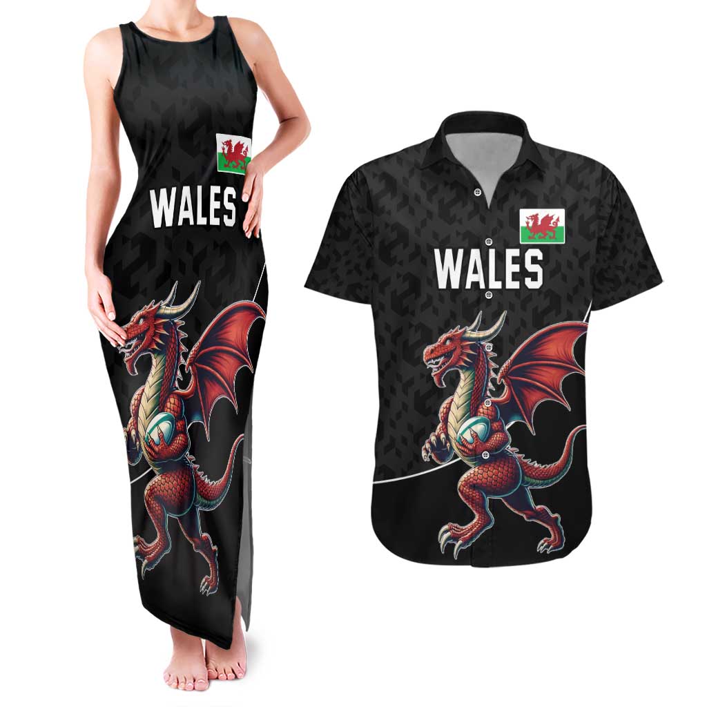 Custom Wales Rugby Couples Matching Tank Maxi Dress and Hawaiian Shirt Welsh Dragon Mascot Black Version