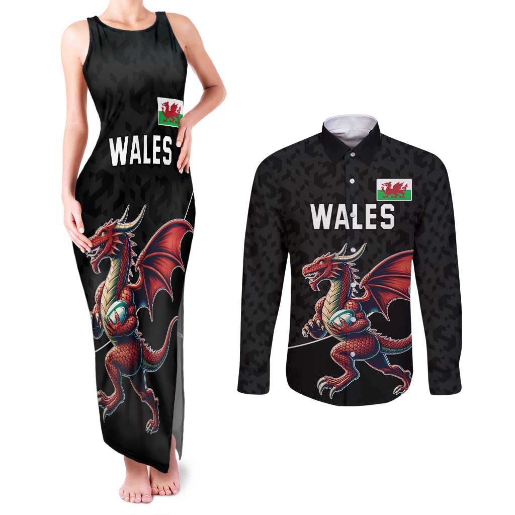 Custom Wales Rugby Couples Matching Tank Maxi Dress and Long Sleeve Button Shirt Welsh Dragon Mascot Black Version