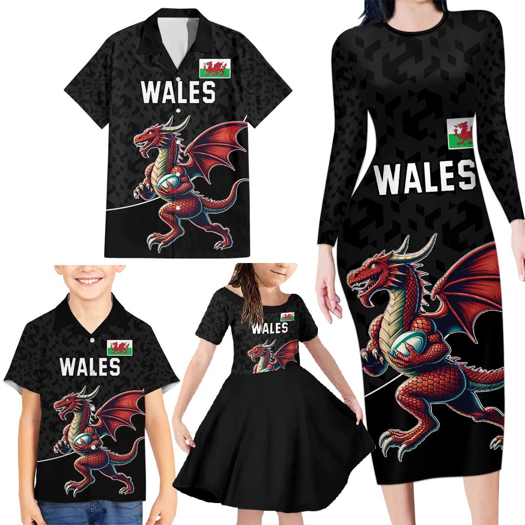 Custom Wales Rugby Family Matching Long Sleeve Bodycon Dress and Hawaiian Shirt Welsh Dragon Mascot Black Version - Wonder Print Shop