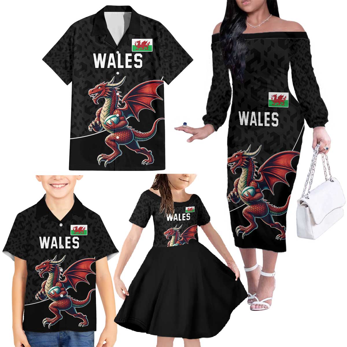 Custom Wales Rugby Family Matching Off The Shoulder Long Sleeve Dress and Hawaiian Shirt Welsh Dragon Mascot Black Version