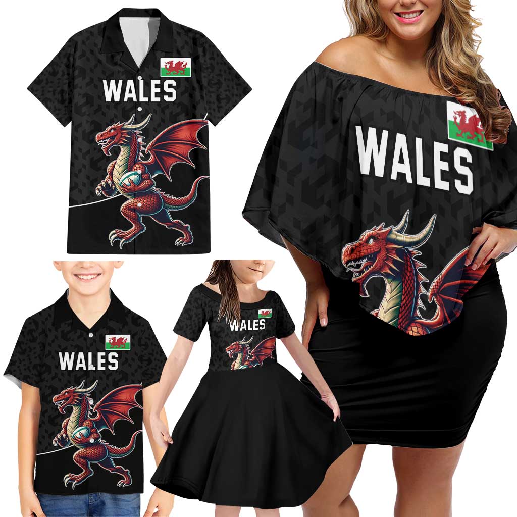 Custom Wales Rugby Family Matching Off Shoulder Short Dress and Hawaiian Shirt Welsh Dragon Mascot Black Version - Wonder Print Shop