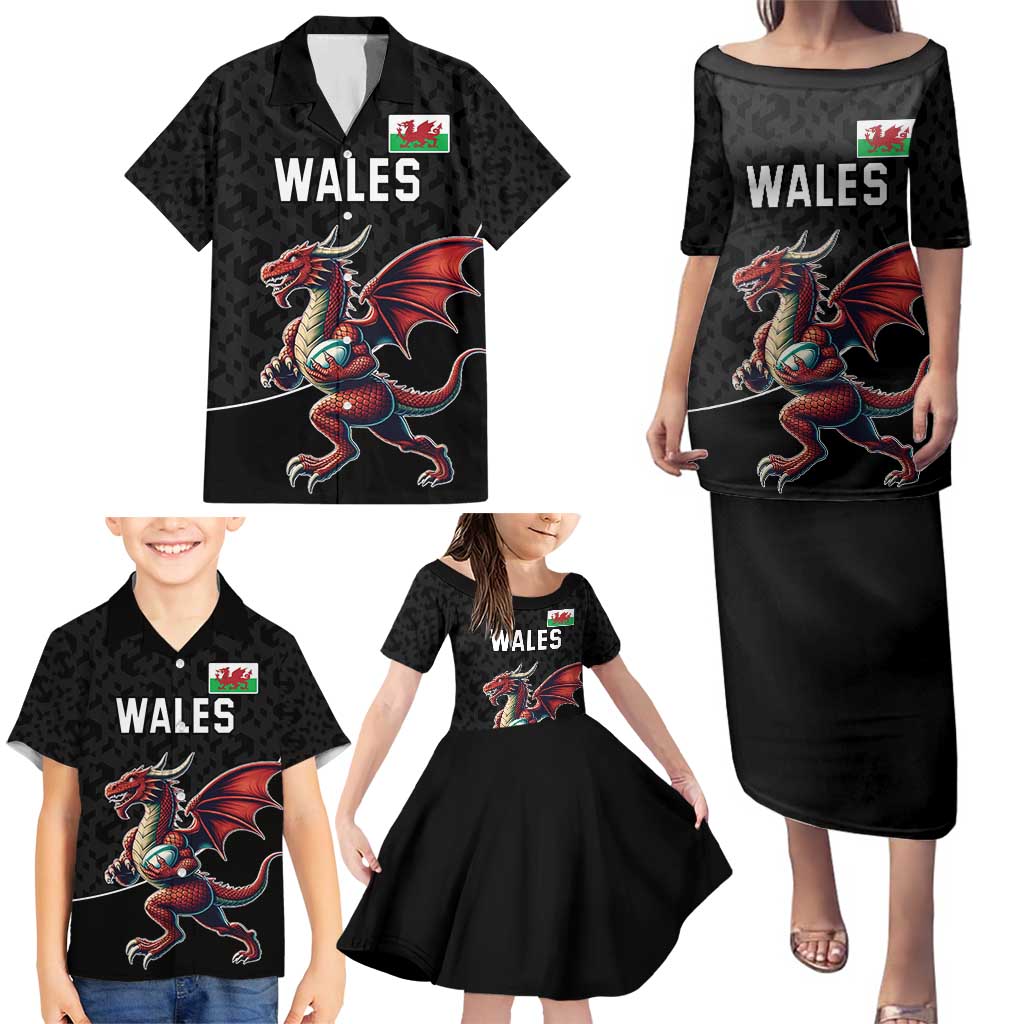 Custom Wales Rugby Family Matching Puletasi and Hawaiian Shirt Welsh Dragon Mascot Black Version