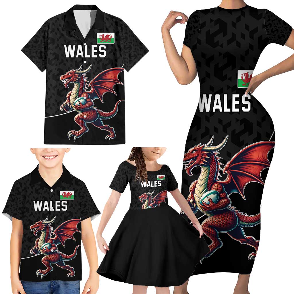 Custom Wales Rugby Family Matching Short Sleeve Bodycon Dress and Hawaiian Shirt Welsh Dragon Mascot Black Version - Wonder Print Shop