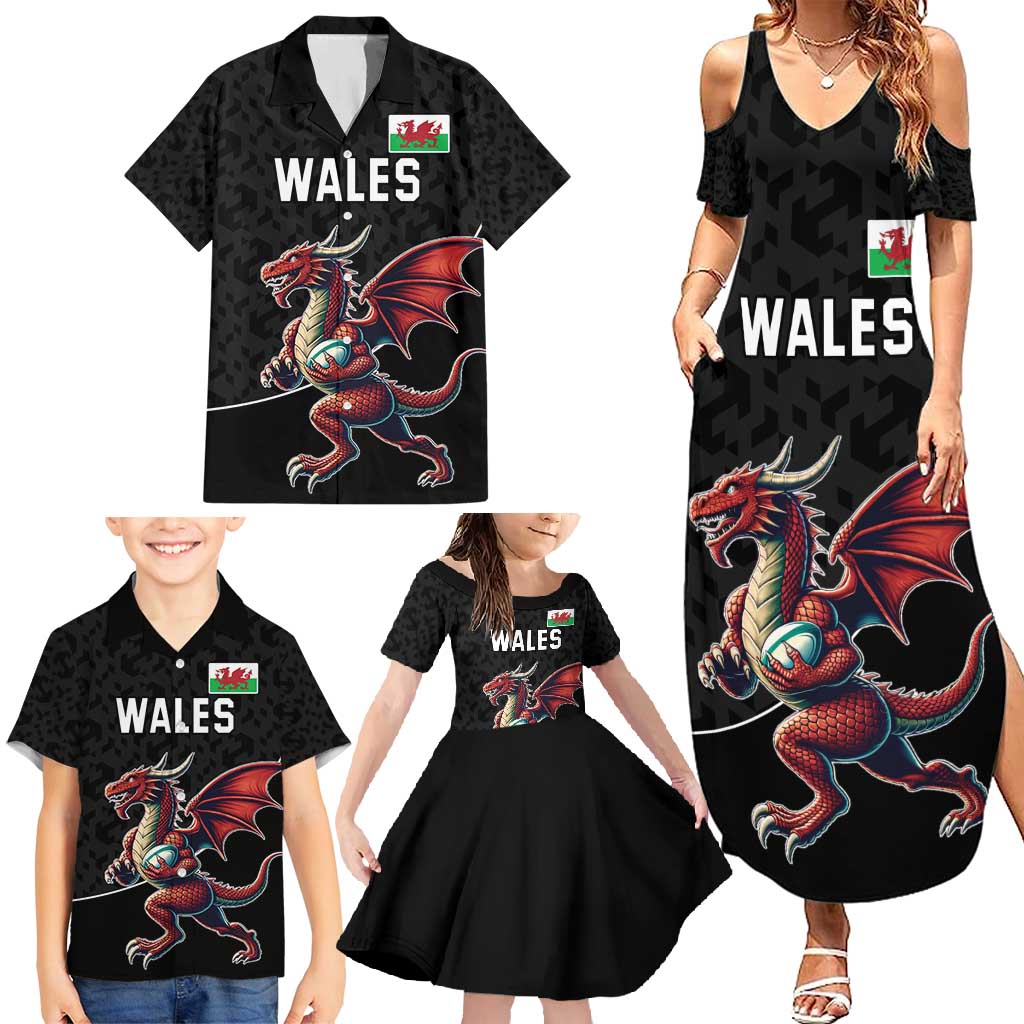 Custom Wales Rugby Family Matching Summer Maxi Dress and Hawaiian Shirt Welsh Dragon Mascot Black Version - Wonder Print Shop