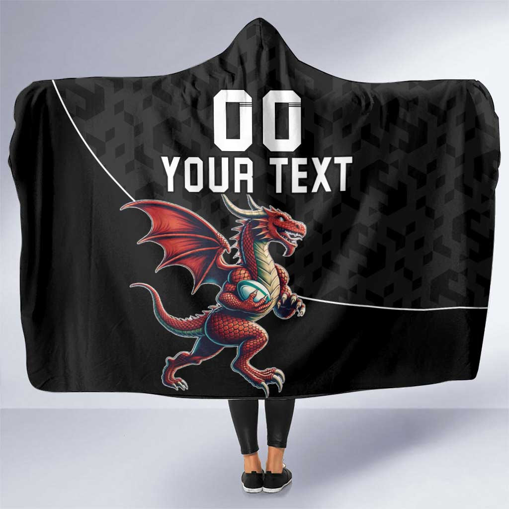 Custom Wales Rugby Hooded Blanket Welsh Dragon Mascot Black Version