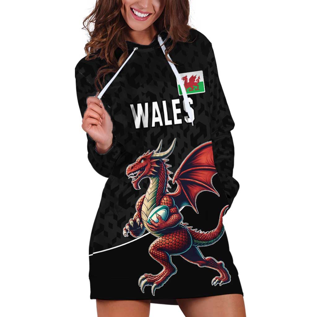 Custom Wales Rugby Hoodie Dress Welsh Dragon Mascot Black Version - Wonder Print Shop