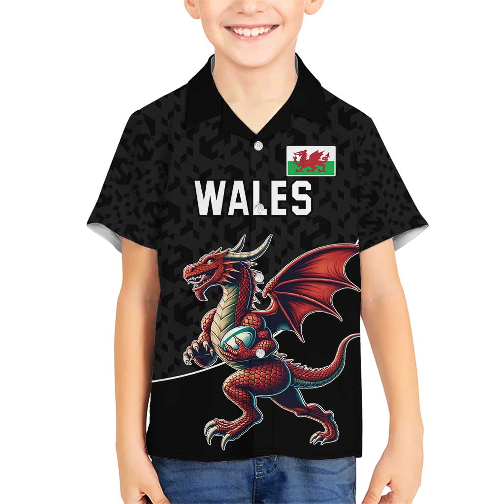 Custom Wales Rugby Kid Hawaiian Shirt Welsh Dragon Mascot Black Version - Wonder Print Shop