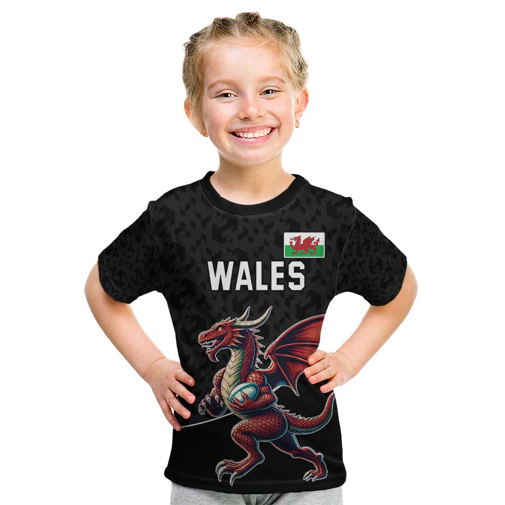 Custom Wales Rugby Kid T Shirt Welsh Dragon Mascot Black Version - Wonder Print Shop