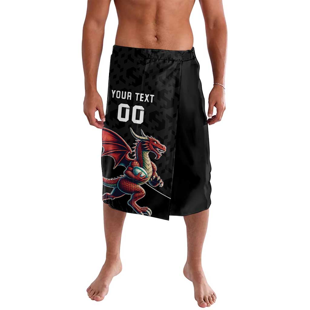 Black rugby lavalava with Welsh dragon mascot and custom text graphic