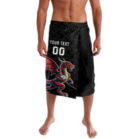 Black rugby lavalava with Welsh dragon mascot and custom text graphic