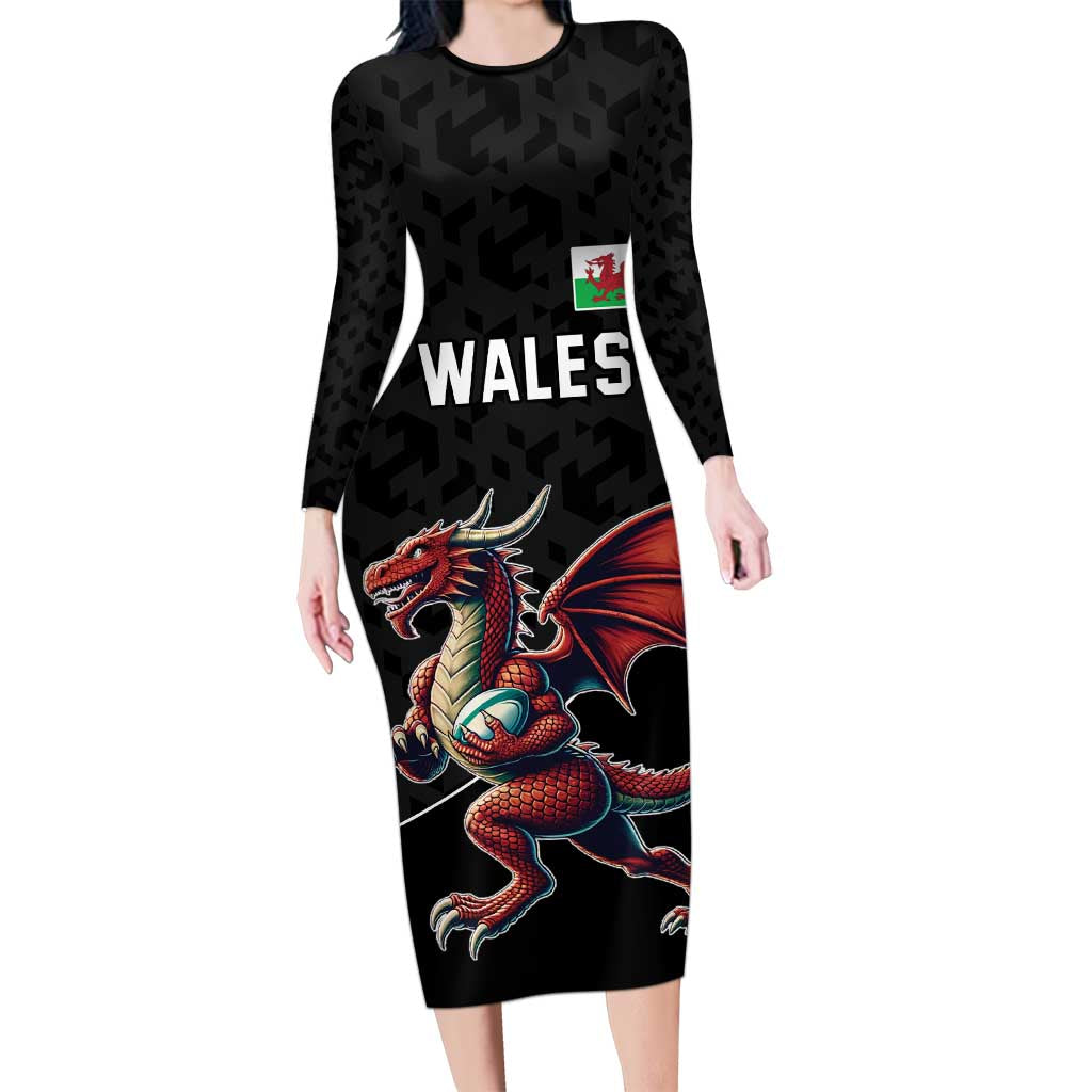 Custom Wales Rugby Long Sleeve Bodycon Dress Welsh Dragon Mascot Black Version - Wonder Print Shop