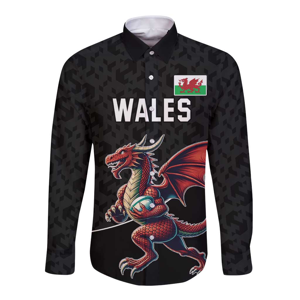 Black long-sleeve button rugby shirt with Wales logo and red dragon graphic on front
