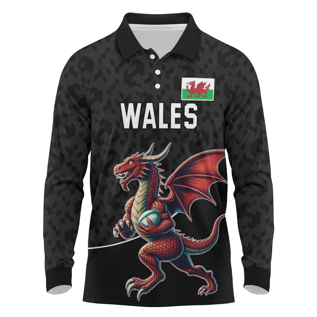 Custom Wales Rugby Long Sleeve Polo Shirt Welsh Dragon Mascot Black Version - Wonder Print Shop