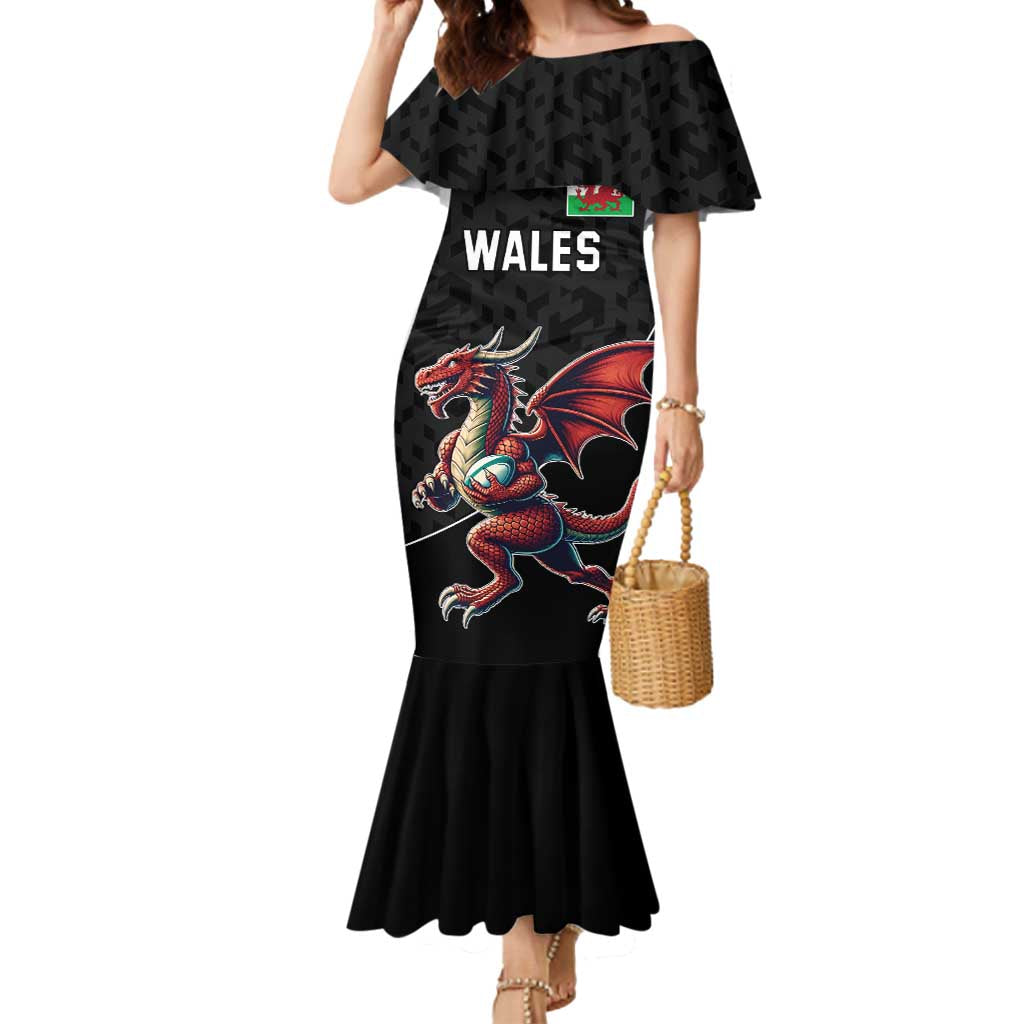 Custom Wales Rugby Mermaid Dress Welsh Dragon Mascot Black Version - Wonder Print Shop