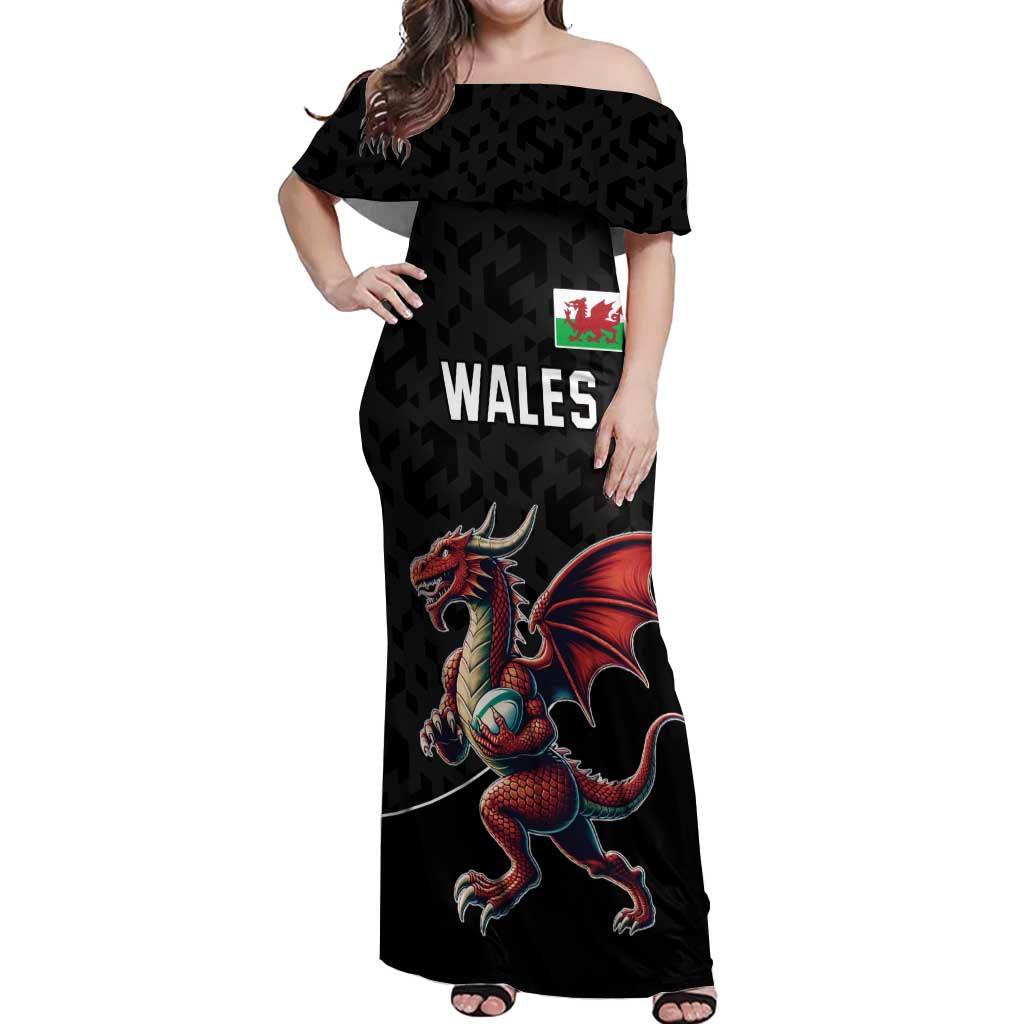 Custom Wales Rugby Off Shoulder Maxi Dress Welsh Dragon Mascot Black Version - Wonder Print Shop