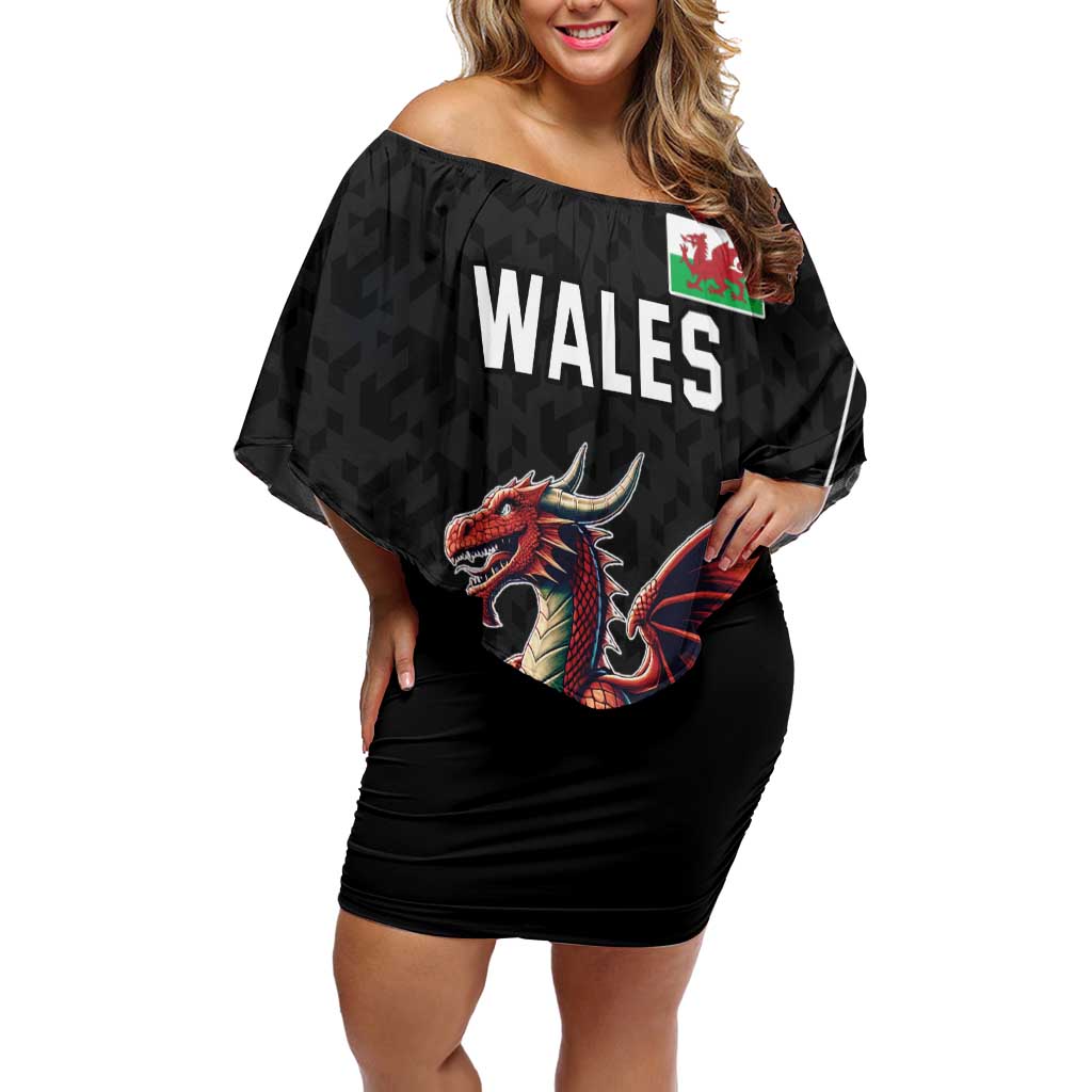 Custom Wales Rugby Off Shoulder Short Dress Welsh Dragon Mascot Black Version - Wonder Print Shop