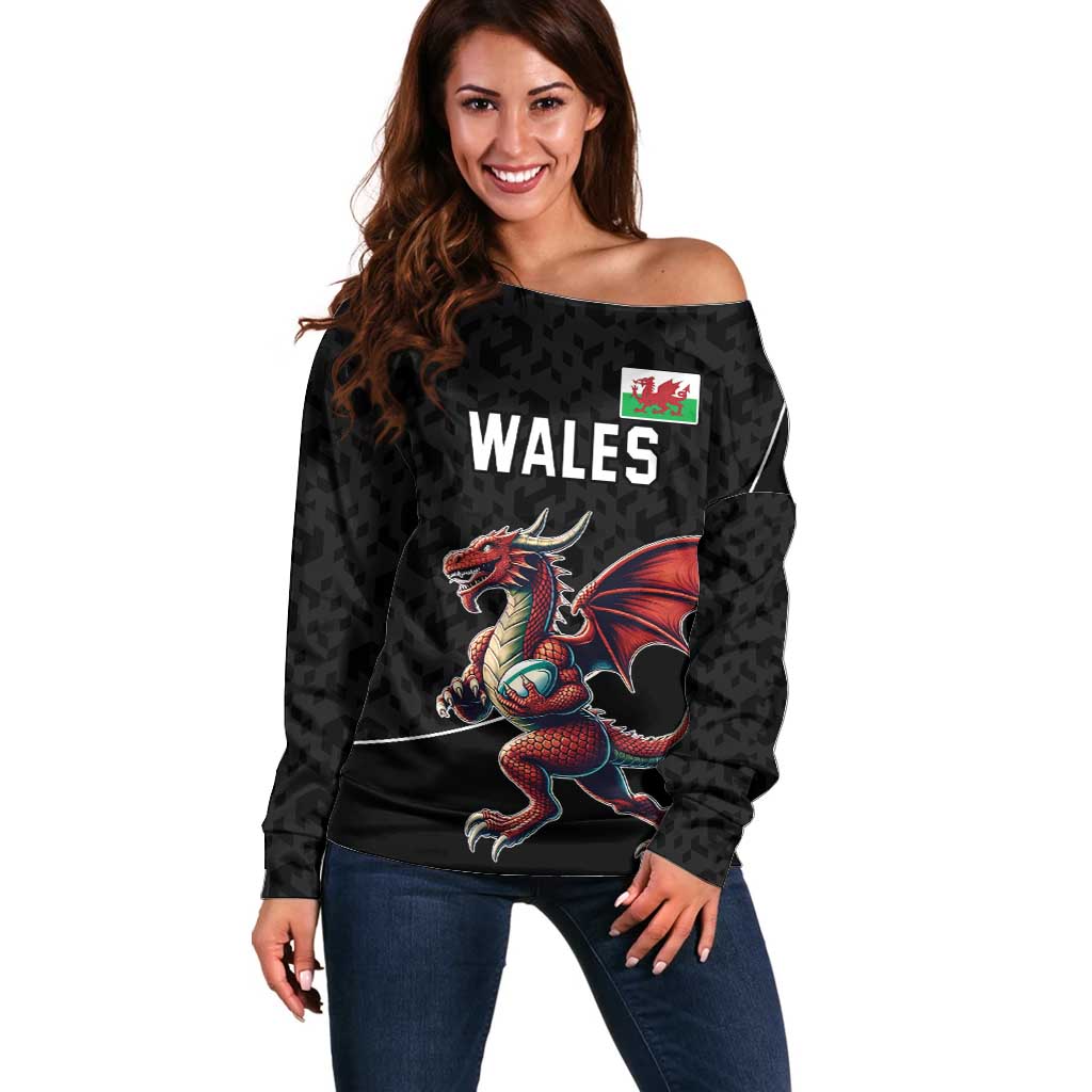 Custom Wales Rugby Off Shoulder Sweater Welsh Dragon Mascot Black Version