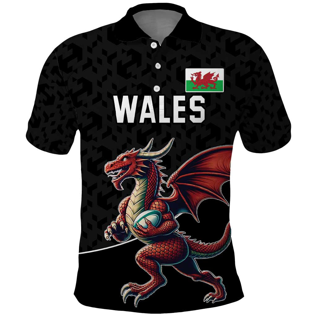 Custom Wales Rugby Polo Shirt Welsh Dragon Mascot Black Version - Wonder Print Shop