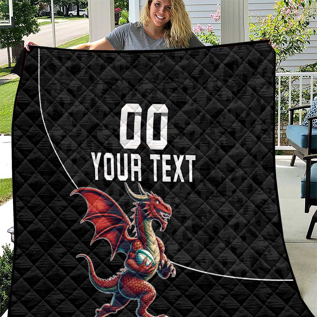 Custom Wales Rugby Quilt Welsh Dragon Mascot Black Version