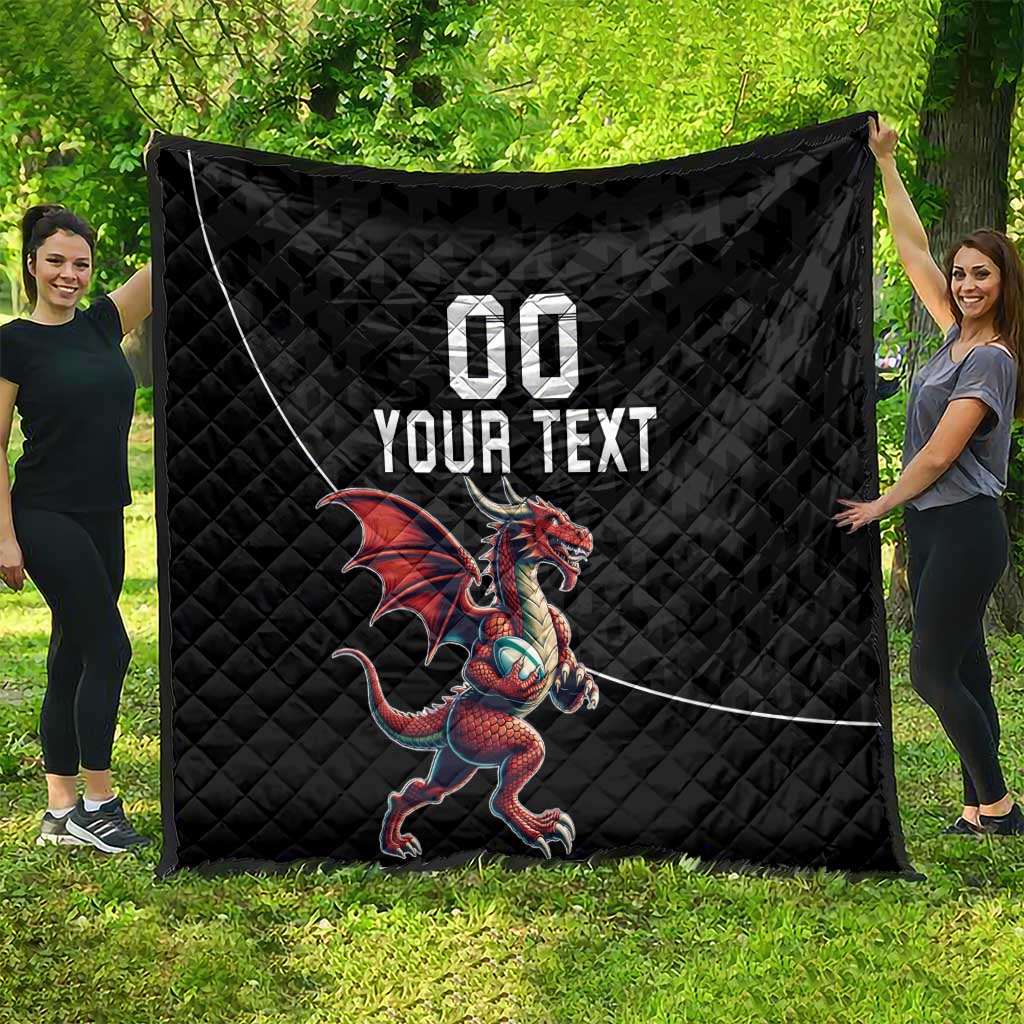 Black quilted blanket with Welsh dragon mascot and custom text, fully spread