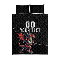 Black quilt bed set with quilted diamond pattern, dragon mascot graphic, and “DO YOUR TEXT”