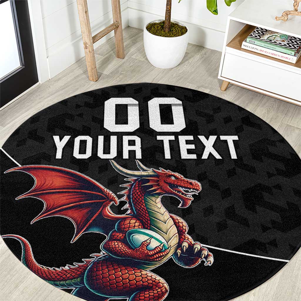 Custom Wales Rugby Round Carpet Welsh Dragon Mascot Black Version