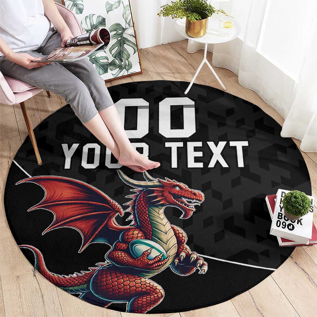 Black round rug showing dragon mascot, large 'YOUR TEXT' and '00' graphic