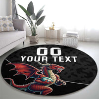 Black round rug with dragon mascot, 'YOUR TEXT' text and '00' near center