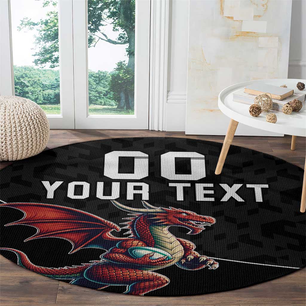 Black round rug with dragon mascot artwork and 'YOUR TEXT' across center