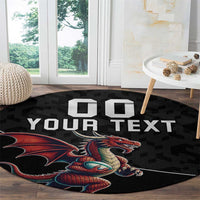 Black round rug with dragon mascot artwork and 'YOUR TEXT' across center
