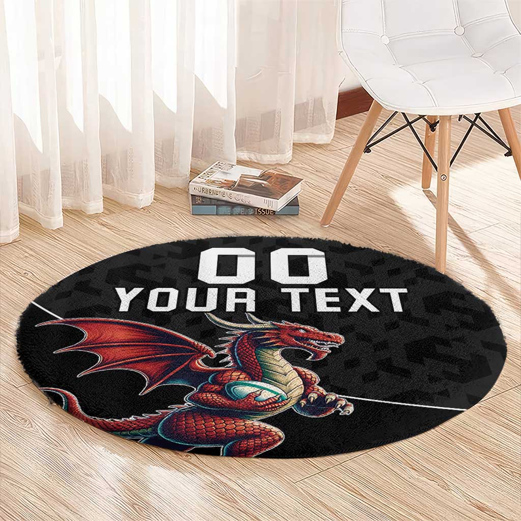 Black round rug with dragon mascot and 'YOUR TEXT' print, '00' graphic top