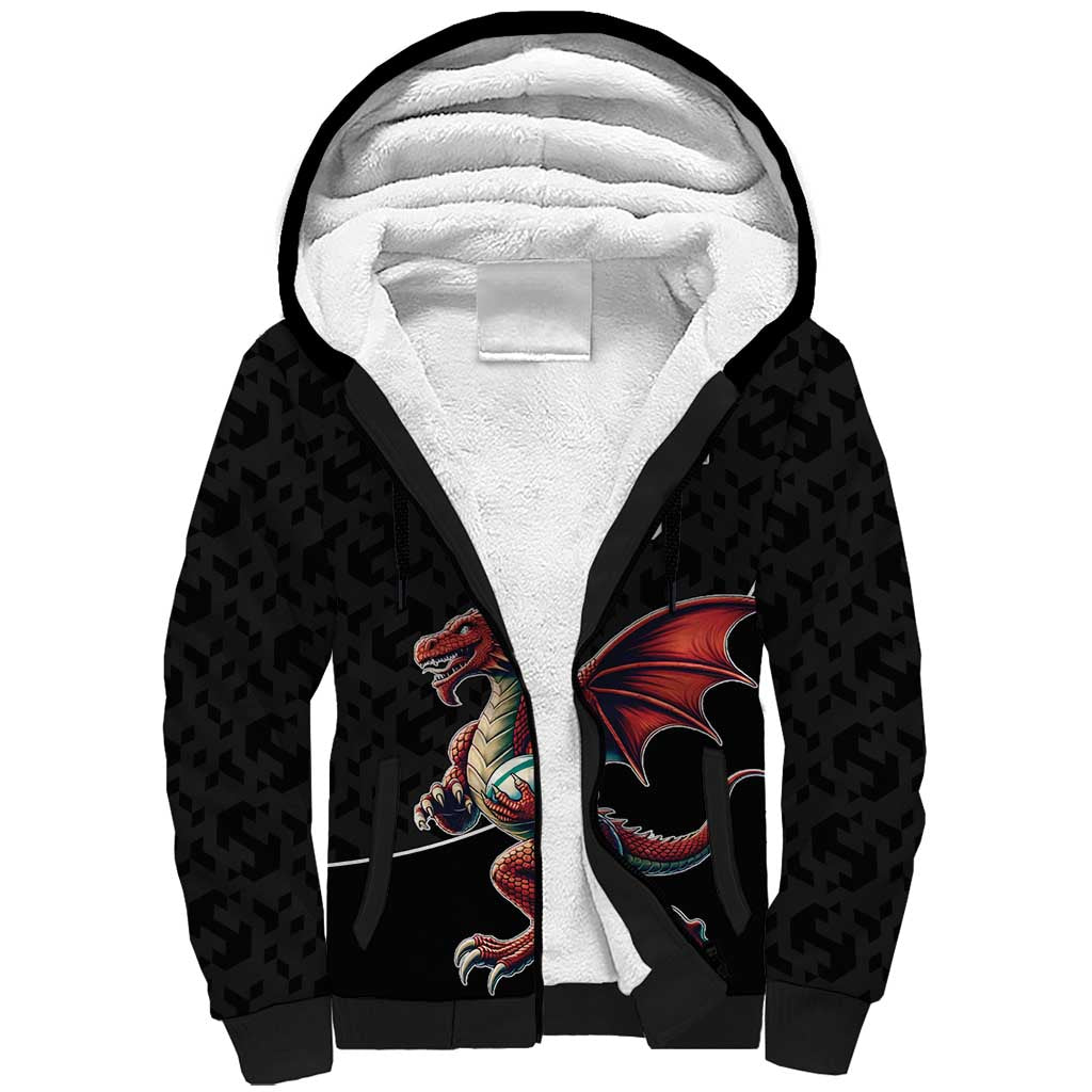 Custom Wales Rugby Sherpa Hoodie Welsh Dragon Mascot Black Version