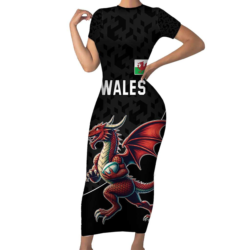 Custom Wales Rugby Short Sleeve Bodycon Dress Welsh Dragon Mascot Black Version