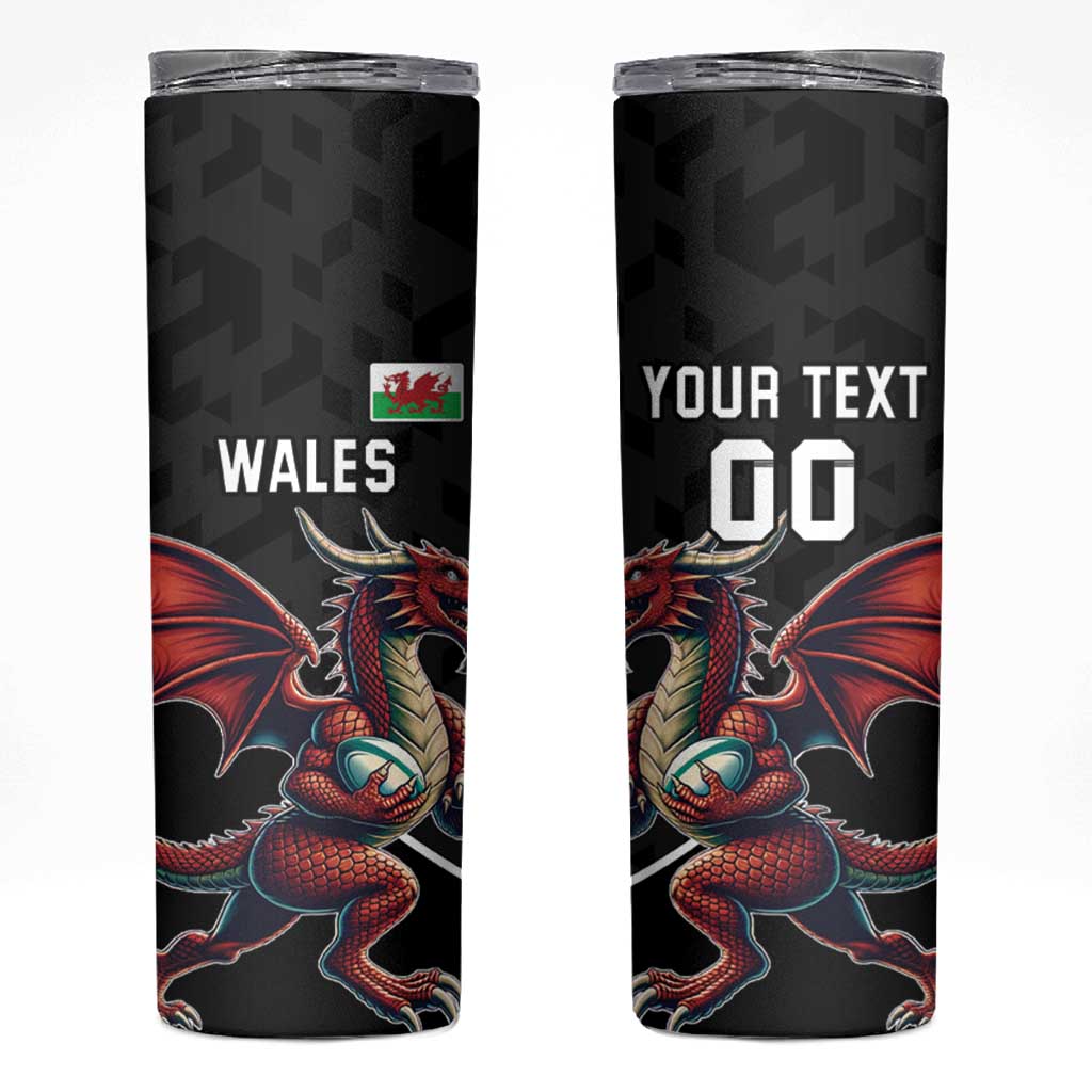 Custom Wales Rugby Skinny Tumbler Welsh Dragon Mascot Black Version