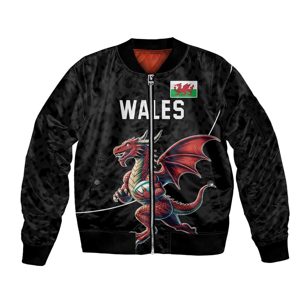 Custom Wales Rugby Sleeve Zip Bomber Jacket Welsh Dragon Mascot Black Version