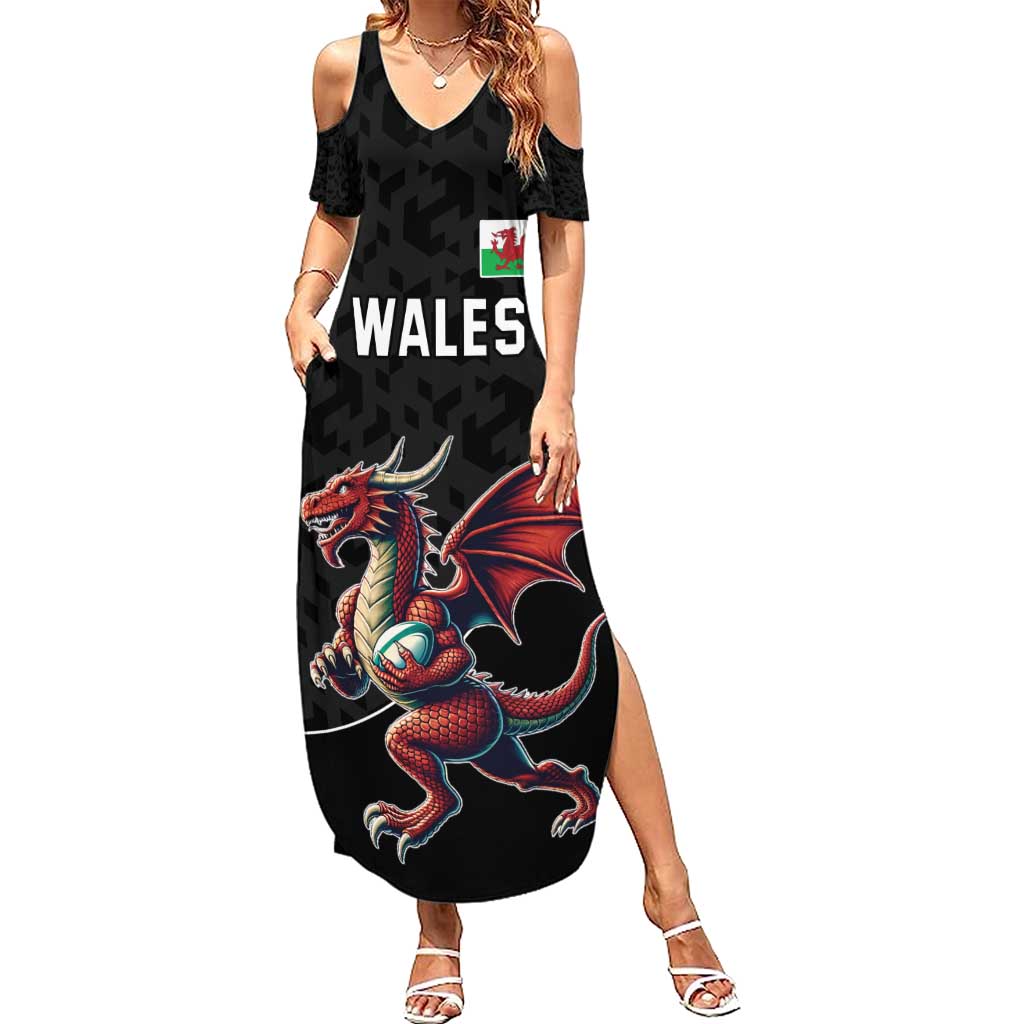 Custom Wales Rugby Summer Maxi Dress Welsh Dragon Mascot Black Version