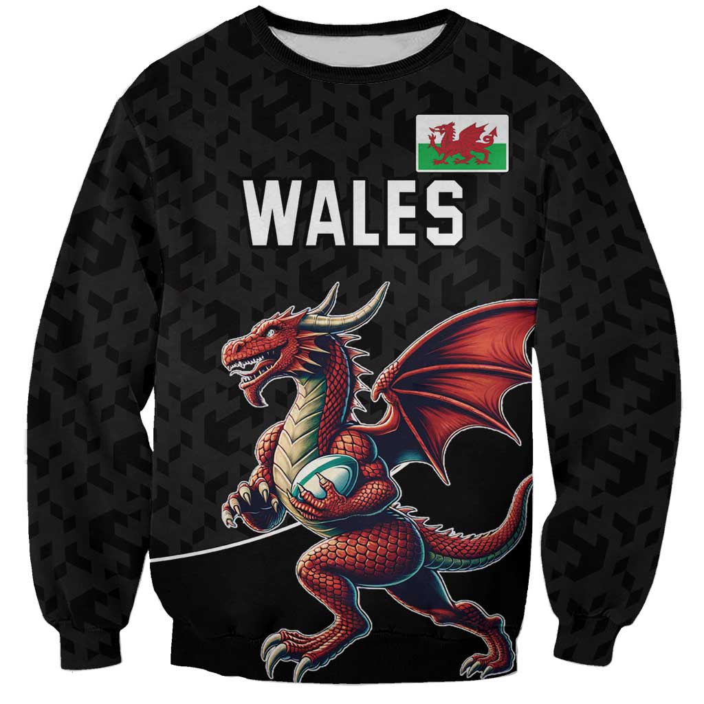 Custom Wales Rugby Sweatshirt Welsh Dragon Mascot Black Version