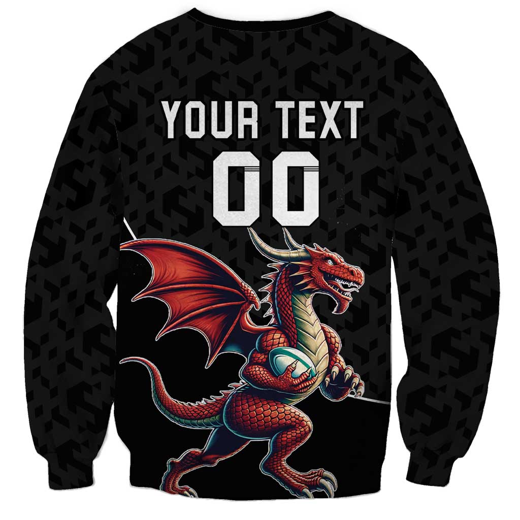 Black rugby sweatshirt back with dragon graphic, YOUR TEXT and large 00