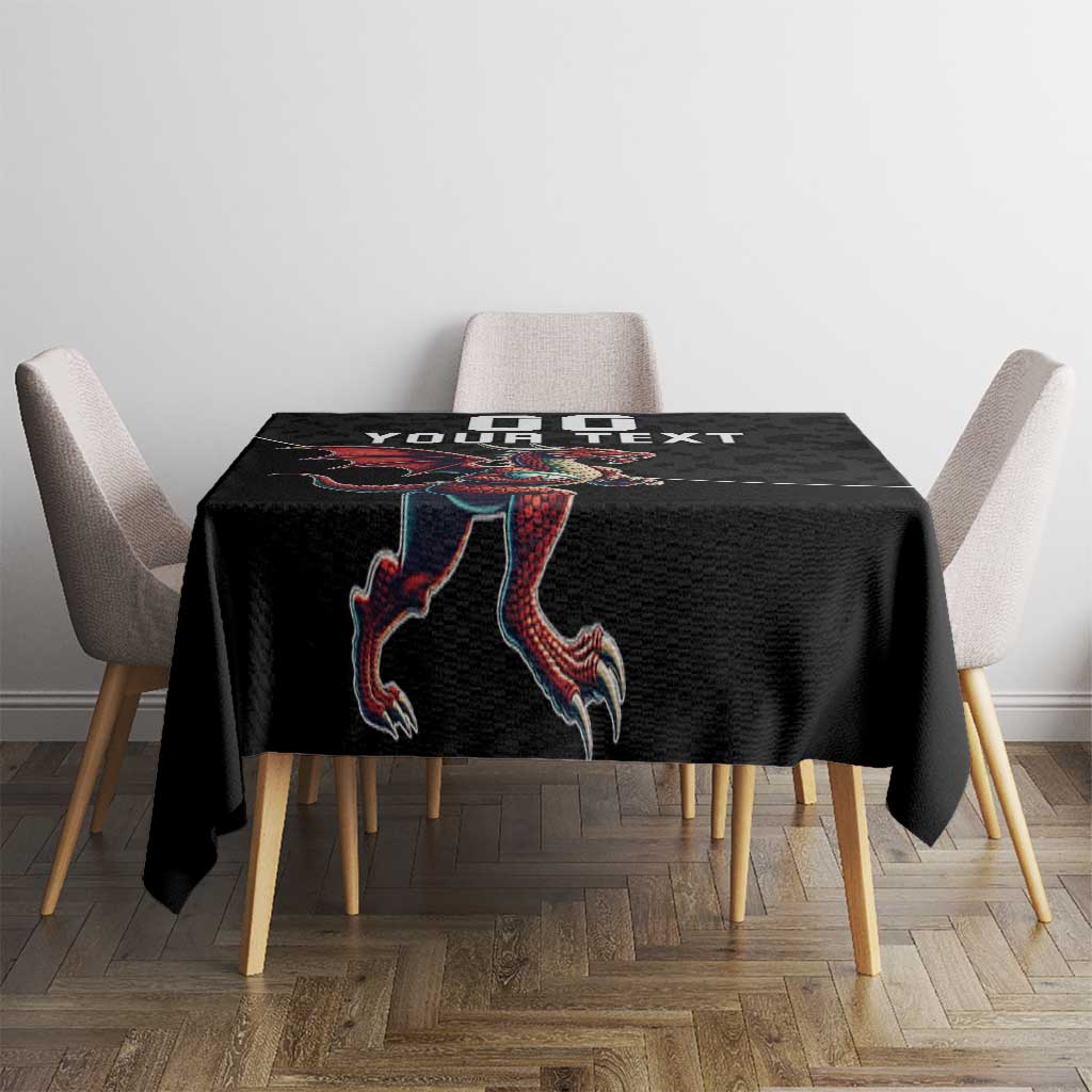 Black rugby tablecloth with dragon mascot and custom text, centered on dining table
