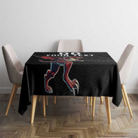 Black rugby tablecloth with dragon mascot and custom text, centered on dining table