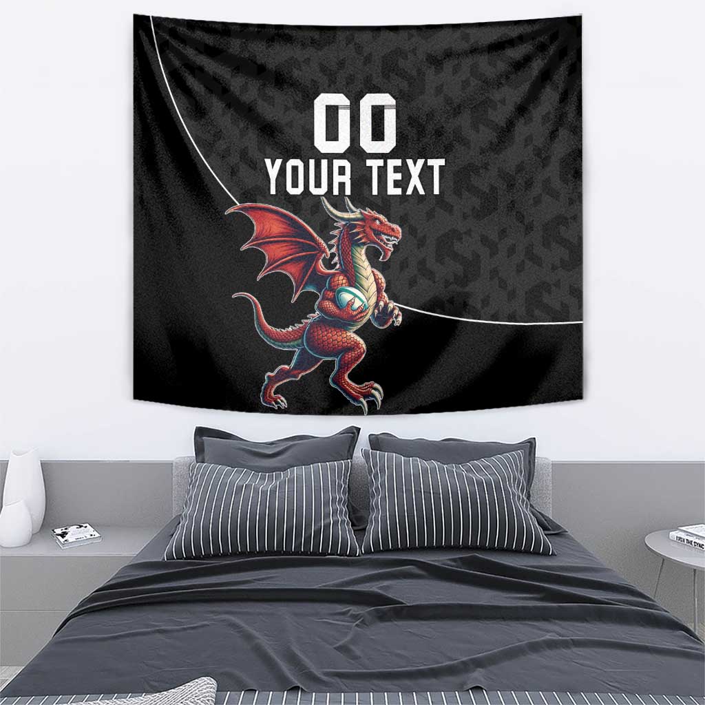Black wall tapestry with dragon mascot and large YOUR TEXT text