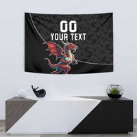 Black tapestry with dragon mascot, YOUR TEXT lettering, curved edge design