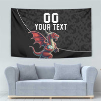 Black tapestry with dragon mascot and YOUR TEXT, arced top border