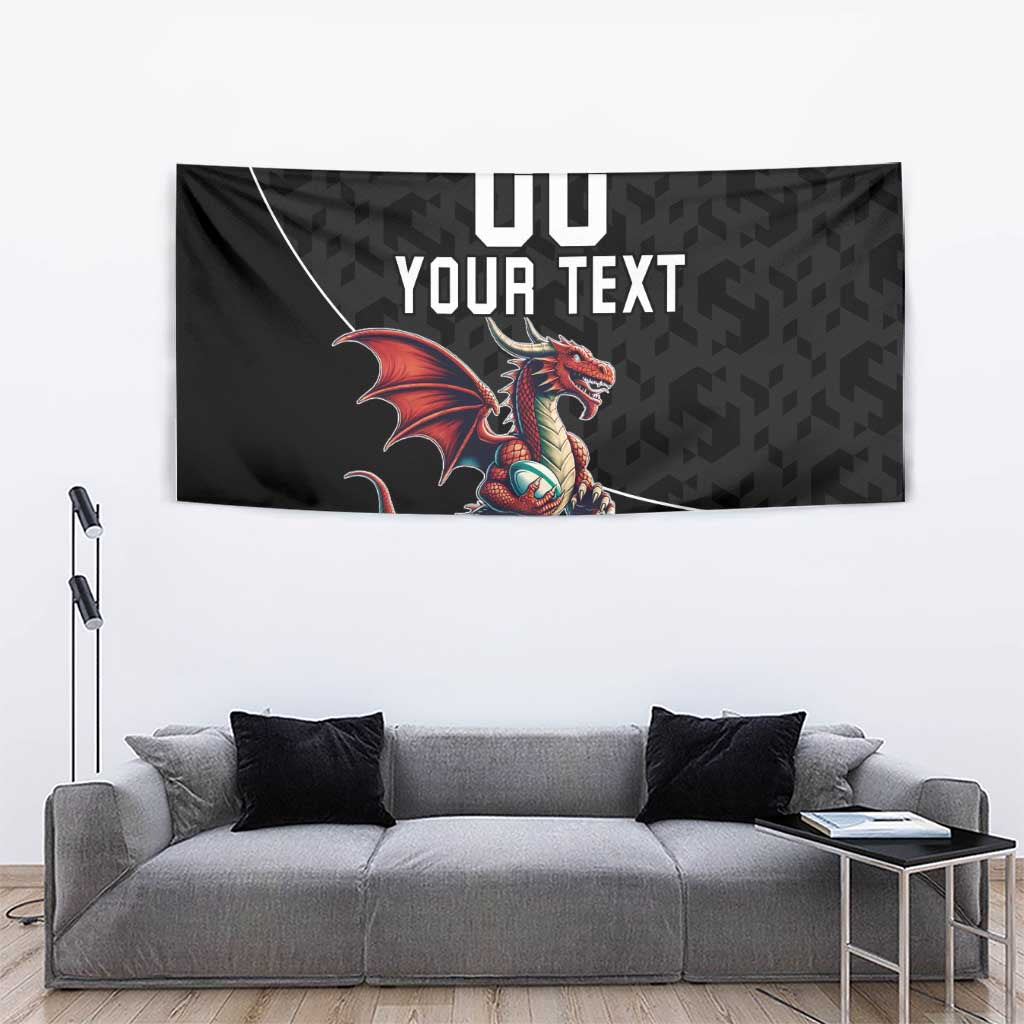 Black tapestry with dragon mascot graphic and YOUR TEXT, hanging display view