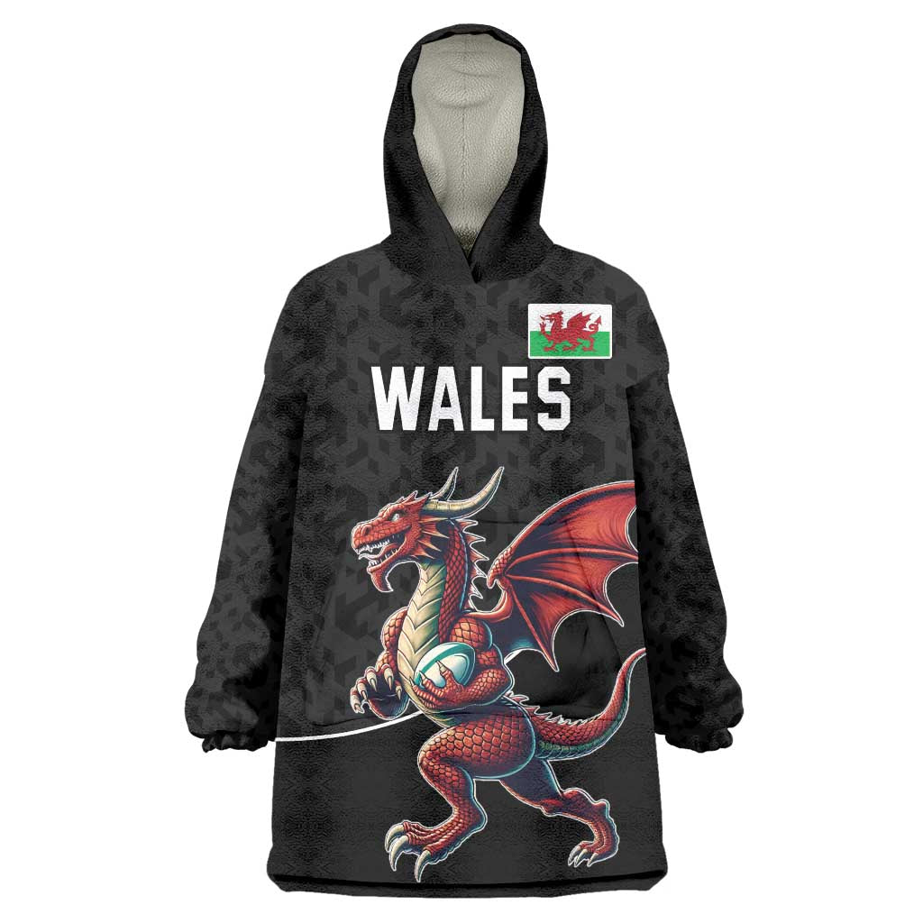 Custom Wales Rugby Wearable Blanket Hoodie Welsh Dragon Mascot Black Version