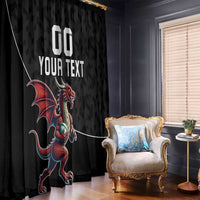 Black window curtain panel set with Wales dragon mascot and 'YOUR TEXT' lettering.